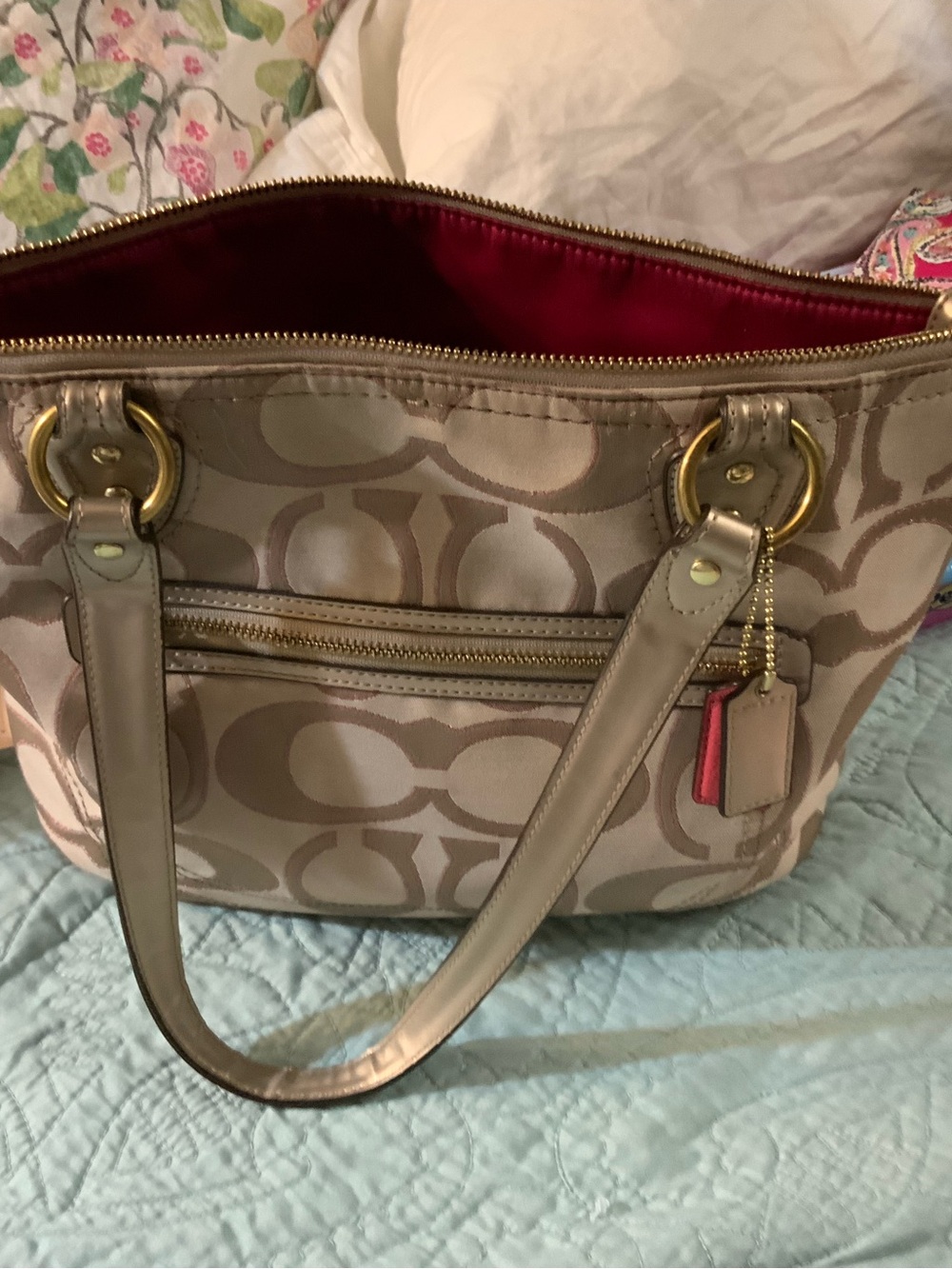 Coach Beige Signature Shoulder Tote with Pink Interior and Gold Hardware
